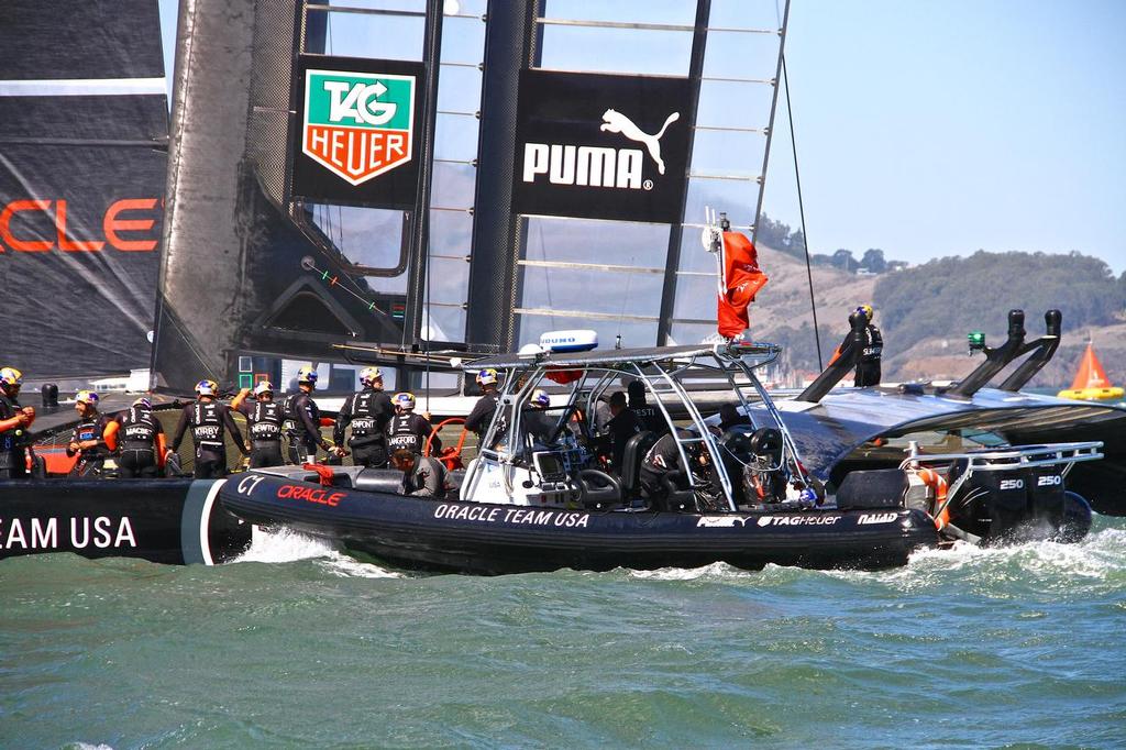 God, in the form of the Performance Coach was the first RIB alongside Oracle Team USA between races in the 34th America’s Cup -  © Richard Gladwell www.photosport.co.nz